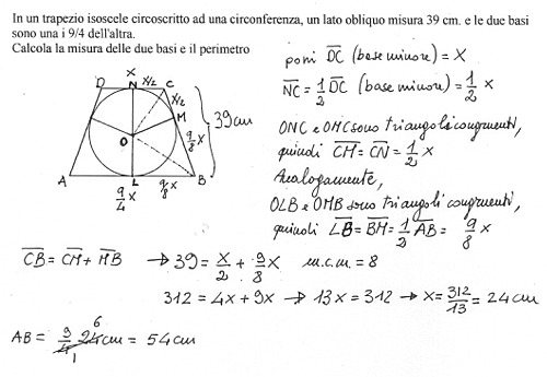 In Un Trapezio Isoscele Circoscritto Ad Una Circonferenza Un Lato Obliquo Misura 39 Cm Matematicamente