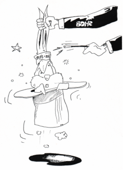 Figure 8: Riproduzione di un disegno di un ex allievo di RS, fatto al termine della lezione dell'autore sull'atomo di Bohr nel 1995. Il disegno originale è di Aldo Torre. La revisione è di un altro ex allievo, Federico Milella, ora disegnatore professionista a Lussemburgo. Sul braccio del mago è scritto: 'Bohr'; sul cappello del coniglio è scritto \( mvr = n\hbar\). Figure 8: Riproduzione di un disegno di un ex allievo di RS, fatto al termine della lezione dell'autore sull'atomo di Bohr nel 1995. Il disegno originale è di Aldo Torre. La revisione è di un altro ex allievo, Federico Milella, ora disegnatore professionista a Lussemburgo. Sul braccio del mago è scritto: 'Bohr'; sul cappello del coniglio è scritto \( mvr = n\hbar\).