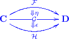 \xymatrix{ \mathbf C \ar@/^1.1pc/[rr]^{\mathcal F}_{\Downarrow \eta} \ar[rr]|{\mathcal{G}}_{\Downarrow \epsilon} \ar@/_1.1pc/[rr]_{\mathcal{H}} & & \mathbf D }