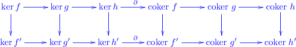 \xymatrix{ \ker f \ar[r] \ar[d] & \ker g \ar[d] \ar[r] & \ker h \ar[r]^\partial \ar[d] & \text{coker } f \ar[d] \ar[r] & \text{coker } g \ar[r] \ar[d] & \text{coker } h \ar[d] \\ \ker f^\prime \ar[r] & \ker g^\prime \ar[r] & \ker h^\prime \ar[r]^\partial & \text{coker } f^\prime \ar[r] & \text{coker } g^\prime \ar[r] & \text{coker } h^\prime }