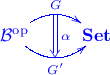 \xymatrix{
\mathcal{B}^\text{op} \ar@/^1pc/[r]^G="g1" \ar@/_1pc/[r]_{G^\prime}="g2" & \mathbf{Set}
\ar@{=>}"g1";"g2" ^\alpha
}